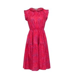 Tucker Midi Dress Red Pink Zebra Print Tiered Ruffle Collar Size M 100%‎ Cotton